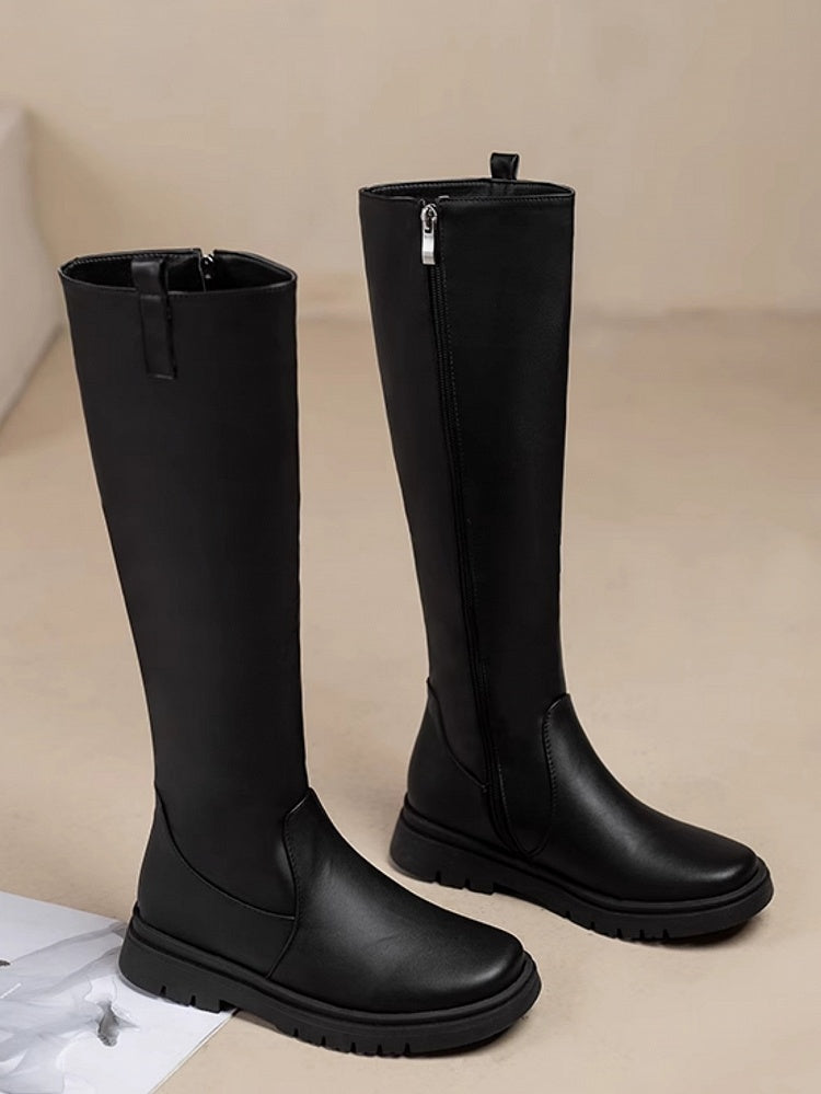 Schwarze Winterstiefel mit Reißverschluss, Verschlussdesign, innen normal/dick, kniehoch