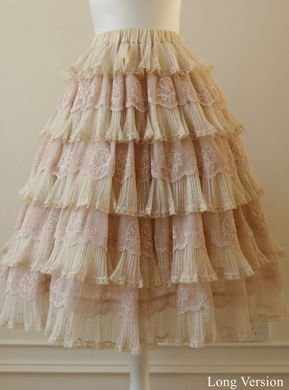 Tulle Details Skirt Beige Elegant Flower Embroidery with Pink Lolita Multi-Layered