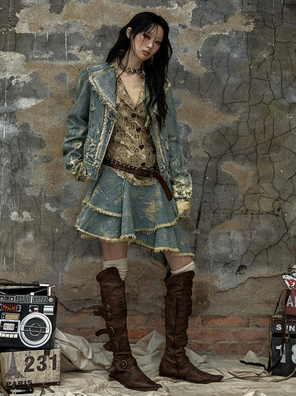 Vintage Punk Blau gewaschene Jeansjacke