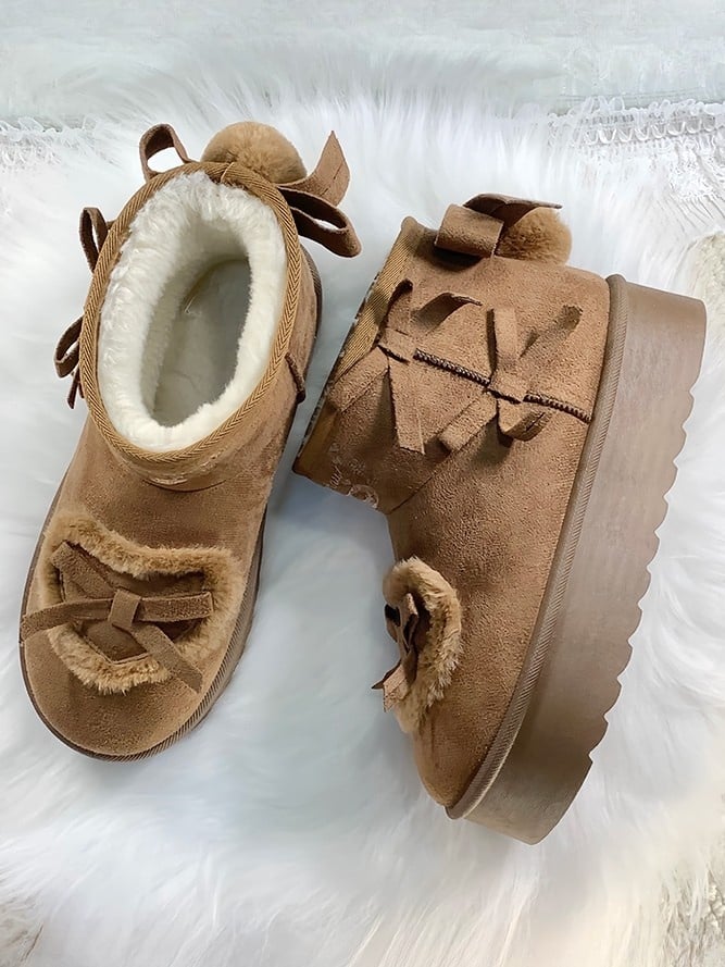 with Sweet Winter Accents - Applique Bow Boots Brown Heart Pompom Lolita Back