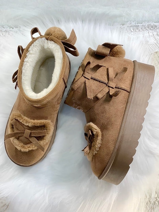 avec de doux accents hivernaux - Bottes nœud appliquées Cœur marron Pompom Lolita au dos