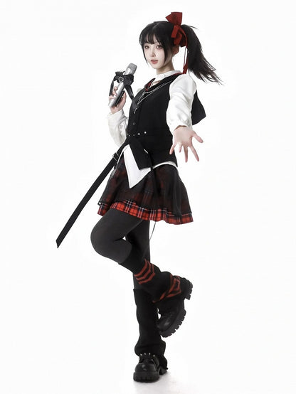 バックル付きスカート メッシュオーバーレイ レッドチェック柄ベルト ヘキサグラム刺繍アイドル