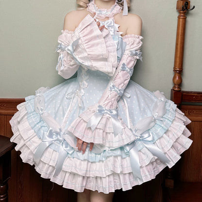 Dot Blue Lolita Neck Old Halter School Sleeves Versatile Dress Polka with Puff