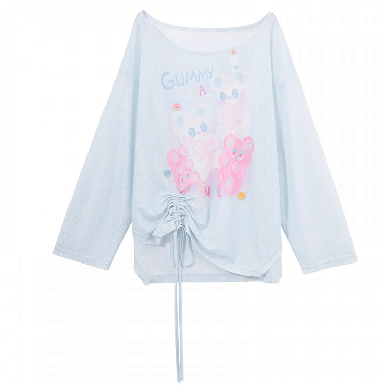 ブルー/ピンクのキュートなセミシースルーヘムの漫画プリントドローストリングトップス
