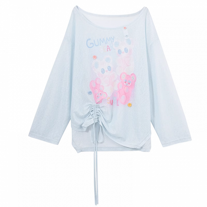 ブルー/ピンクのキュートなセミシースルーヘムの漫画プリントドローストリングトップス
