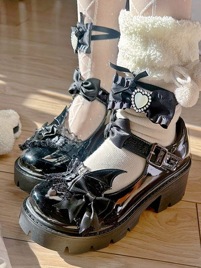 Polished Black Round Toe Bow at Top Lace Trim Block Heel Mary Janes