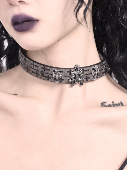 Light Brown Dark Gothic Cross PU Choker