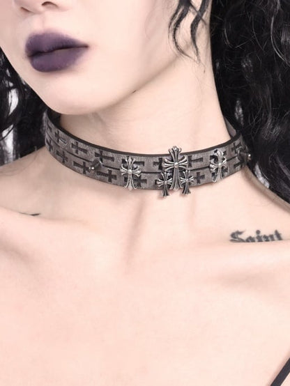 Light Brown Dark Gothic Cross PU Choker