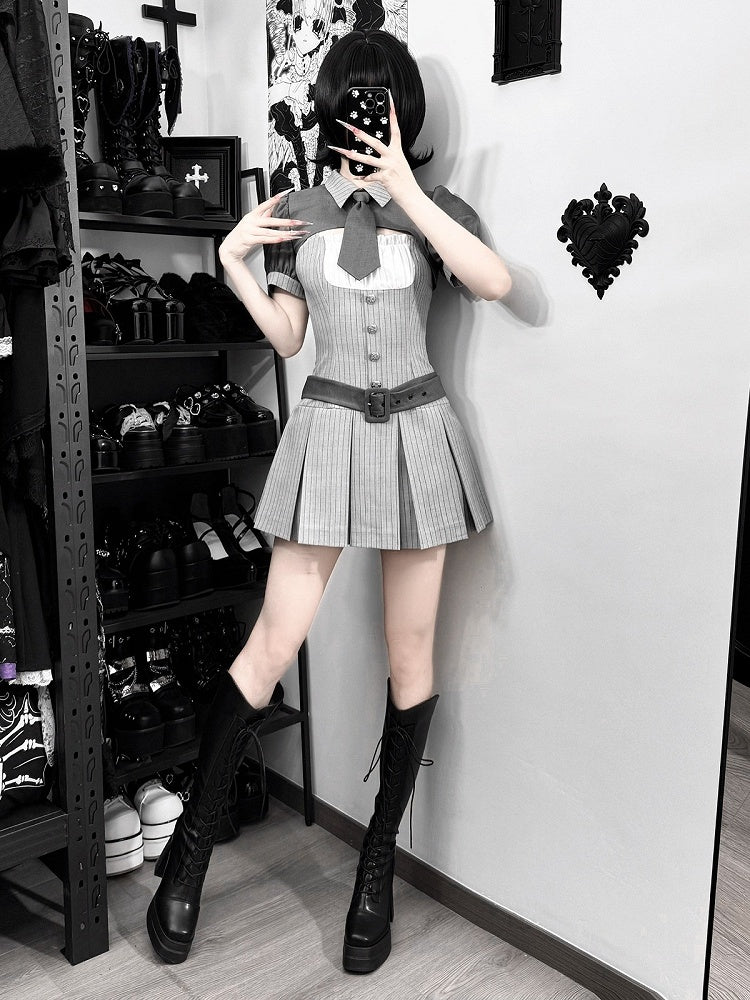 Gray Striped Jirai Kei Set: Cropped Top, Camisole Dress, Belt, Tie - Ekomi