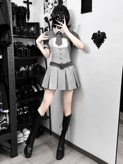 Gray Striped Jirai Kei Set: Cropped Top, Camisole Dress, Belt, Tie - Ekomi