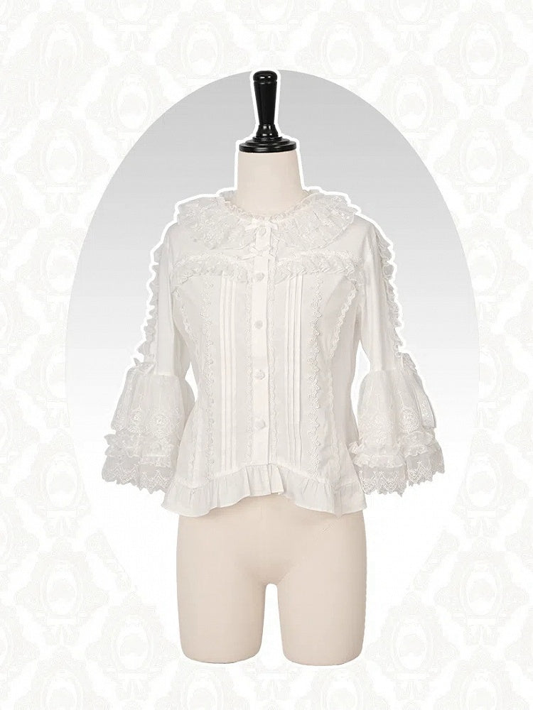 ブラウス ホワイトネックライン 3/4フリルロリータスリーブ