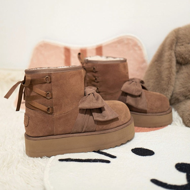 Brown Sweet Lolita Platform Snow Boots - Front Bow Accent with Rear Lace-Up Detail