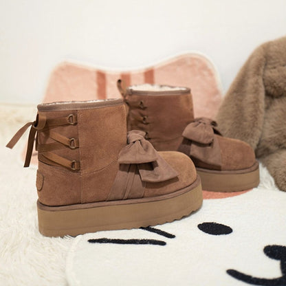 Brown Sweet Lolita Platform Snow Boots - Front Bow Accent with Rear Lace-Up Detail