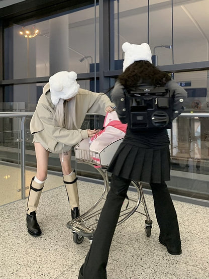 with Pleated Regular/Long Version Jeans Gray Skirt and Cross Flared Motif Dark