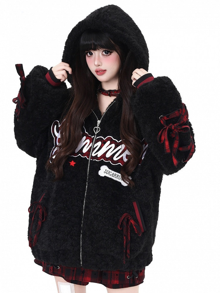 - Letter Jacket Black/ Gray Daily Hooded Kawaii Plush Pattern
