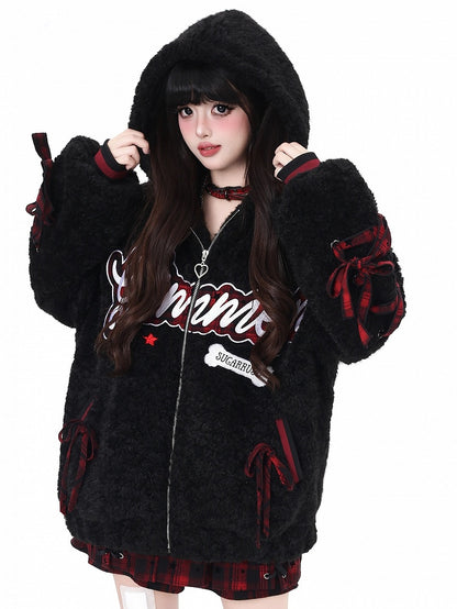- Letter Jacket Black/ Gray Daily Hooded Kawaii Plush Pattern