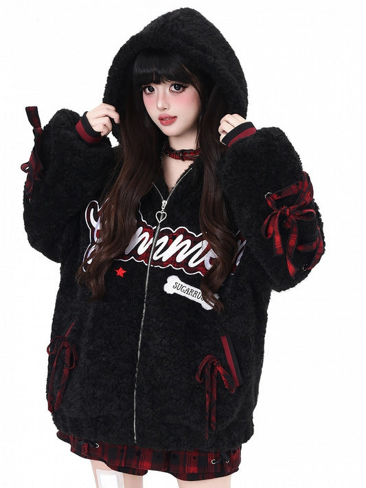 - Letter Jacket Black/ Gray Daily Hooded Kawaii Plush Pattern