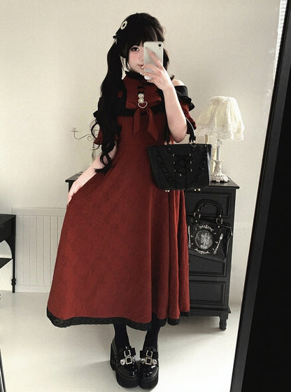 Extended Cutout Shoulder Jacquard Dress, Ruffle & Bow Trim, 4 Colors - Kitty Bxllet