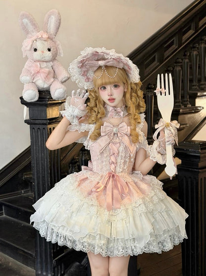 Pink Ballet Style Lace Ruffle Lolita JSK Dress with Bead Chain Bow and Back Bow Set - White Sugar Girl