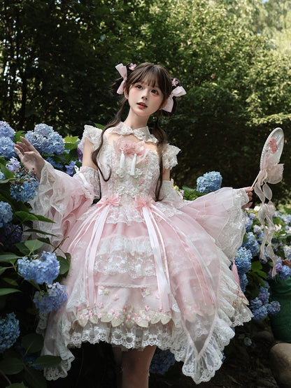 Chinoiserie Pink Lolita JSK with Lace, Choker & Full Set - White Sugar Girl