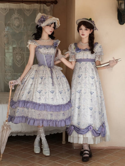 Voller Lolita-Druck, Iris, Blumenmuster, Miederkleid mit Knochen, Korsett, klassisch, Lila, JSK