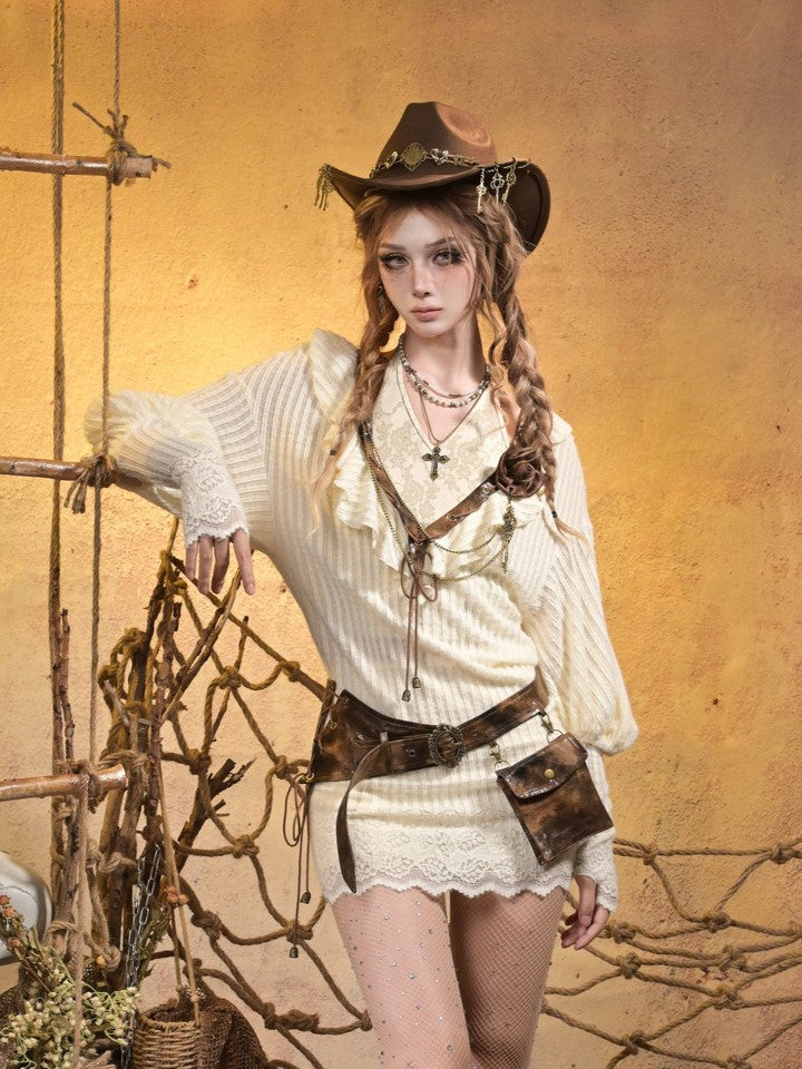 with Waist Pocket Side Brown Lace-Up PU Vintage Punk Utility Belt