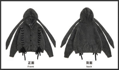 Dunkelgraue, flauschige Strickjacke mit Kapuze und Hasenohren