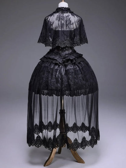 Black Elegant Classic Loli Dress Set with Cape and Brooch - Airfreeing