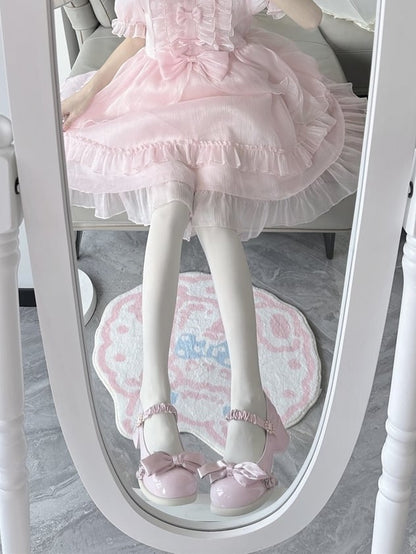 Mary Janes Baby Buckle Bow Gather Mid-heel Sweet - Pink Edging Accents with Lolita Beaded