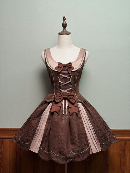 Scoop Scalloped with Dress Chocolate Lolita Edge Sweet Hem Neckline Brown