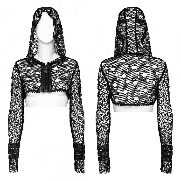 Hooded Punk Jacket Mesh Black Ripped Short
