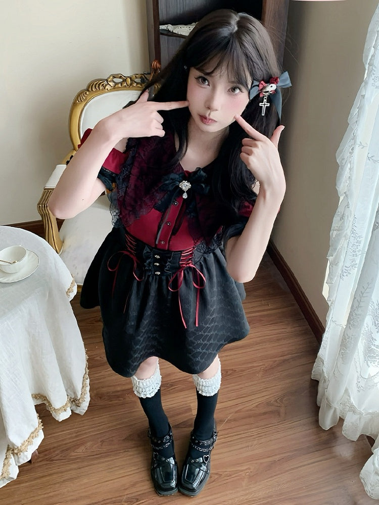 Red Open-Shoulder Set: Kei Blouse Black 3-Piece Bow Skirt Tie and Jirai Contrast High-Waist with