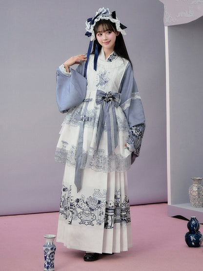 Blue & White Long Mamian Skirt with Porcelain Embroidery - Yimu Walnut