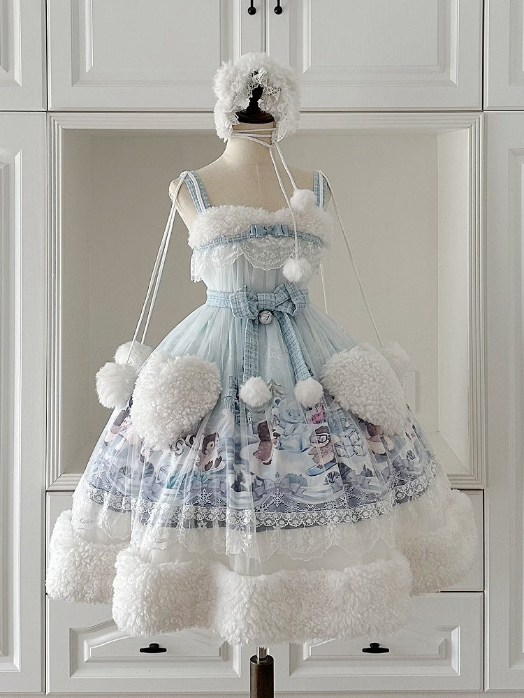 Sweet Winter High Waist Lolita JSK with Blue Penguin Print - Lineall Cat