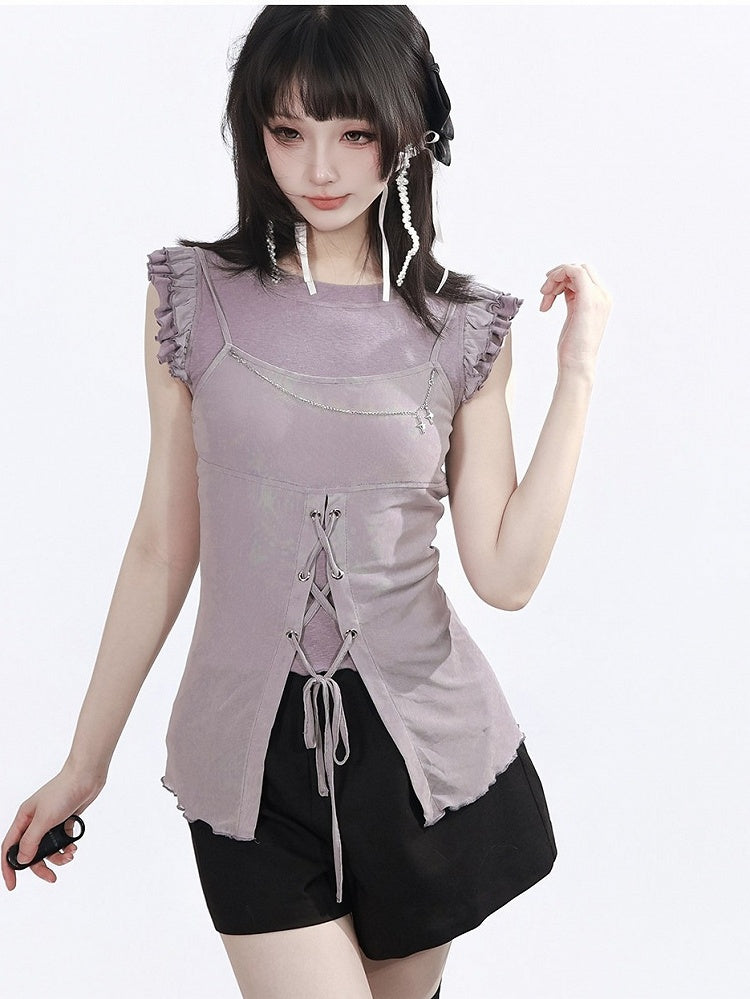 Dusty Purple Two-Piece Set: Flutter Sleeve Top and Split Cami - PINK SAVIOR