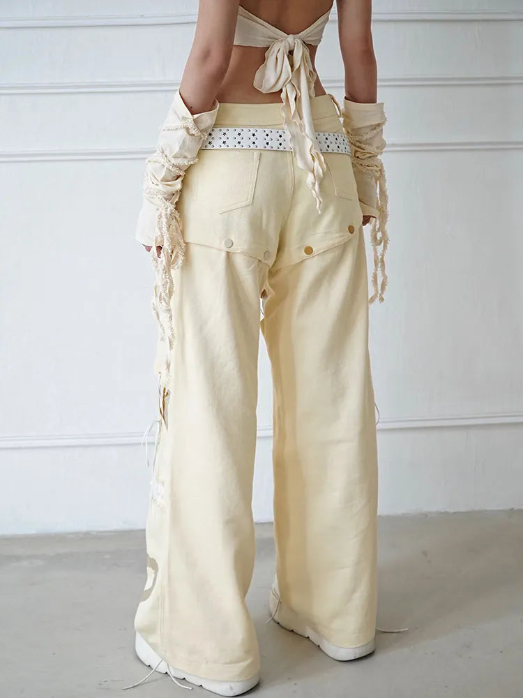 Beige Jeans mit Schnürung und geradem Bein, abnehmbares Detail