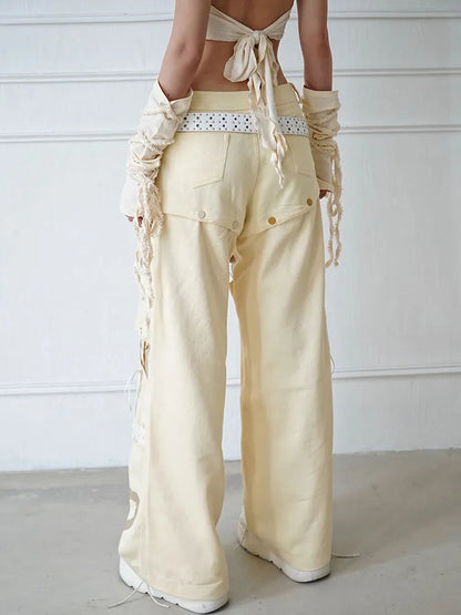 Beige Jeans mit Schnürung und geradem Bein, abnehmbares Detail