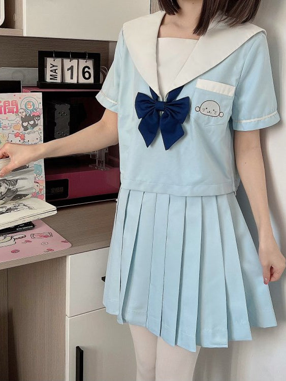Little Seal Light Blue Sailor Collar JK Uniform Top with Free Bow Tie
