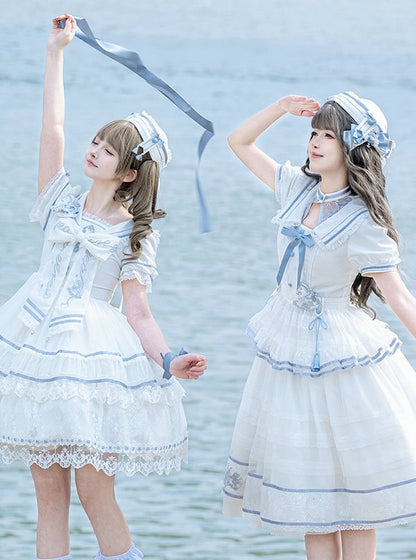 Ivory and Azure Lace Sailor Hat with Bows and Tassels - Honey Machine