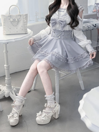Sailor Collar Blouse with Bow Tie in Blue - Ekomi