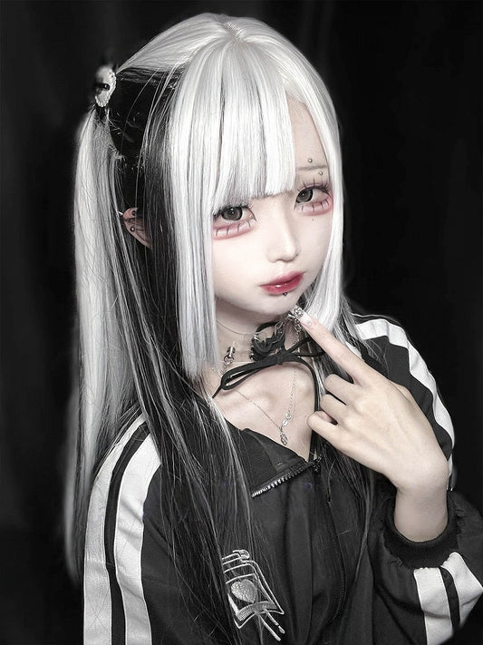 80CM Highlight Cut Hime Wig with Straight White Black Bangs