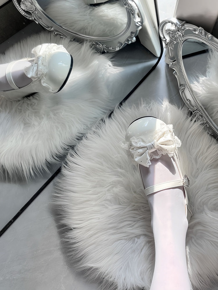 Round Toe White Mary Jane Flats - Dot Print Bow Accent, Lace Edging & Rhinestone Heart Closure