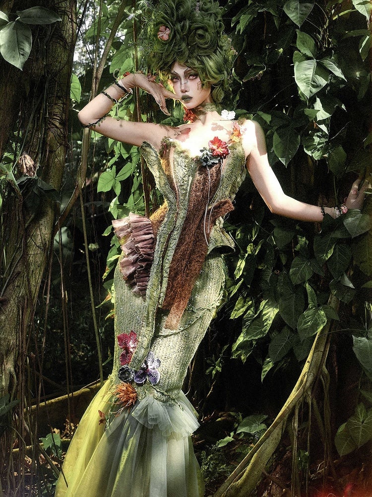 蝶と花柄のグリーンフォレストフェアリーゴスダブルレイヤーチュールヘムマーメイドスカート