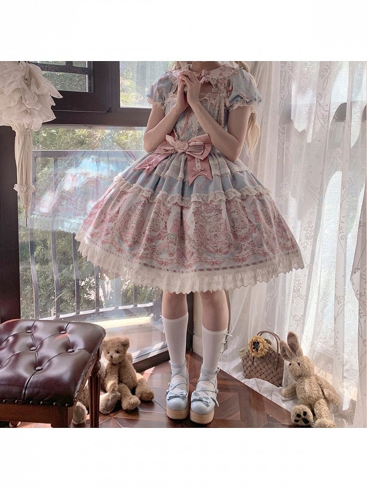 Peter Pan Collar Short-Sleeve OP Dress in Sweet Blue & Pink with Toy Bed Print - Alice Girl