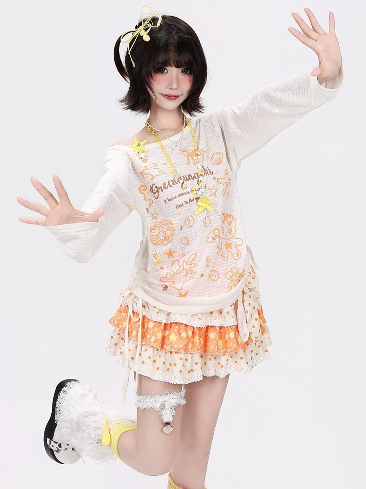 Breathable Apricot Cartoon Print Long-Sleeve Top - CRAZY GIRL