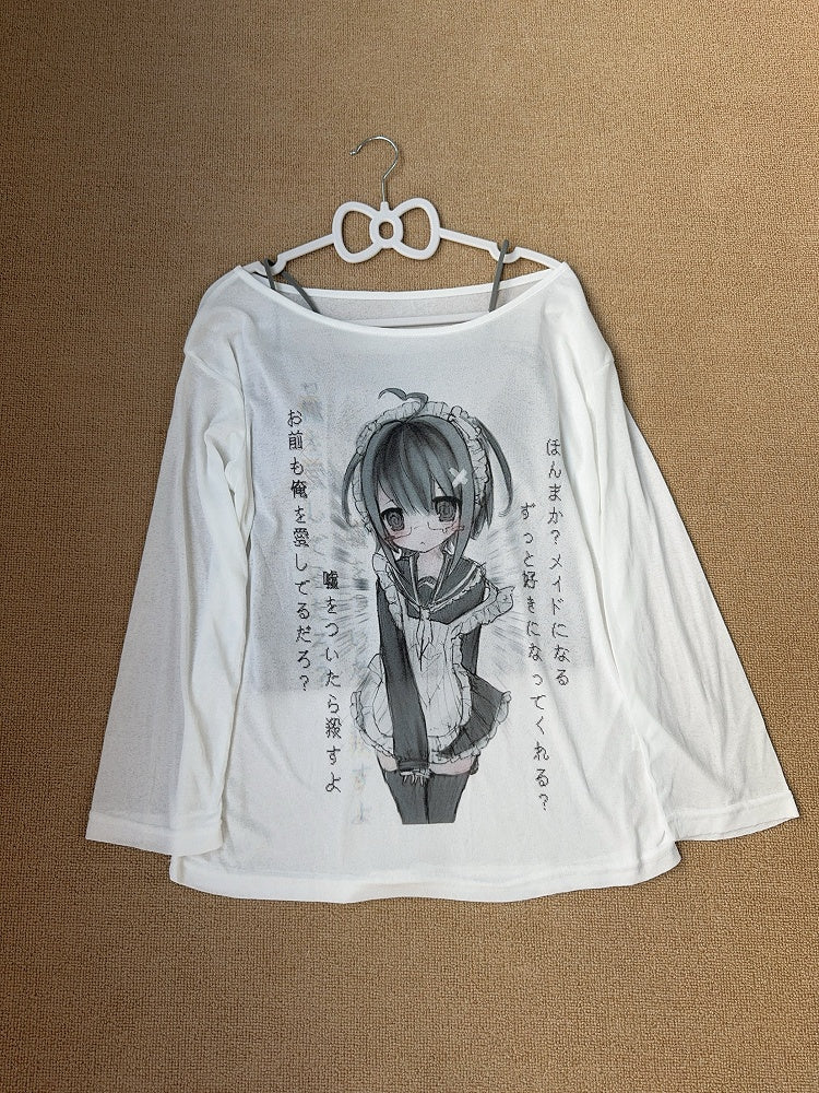 Print Semi-Sheer Cartoon Top White with Loose