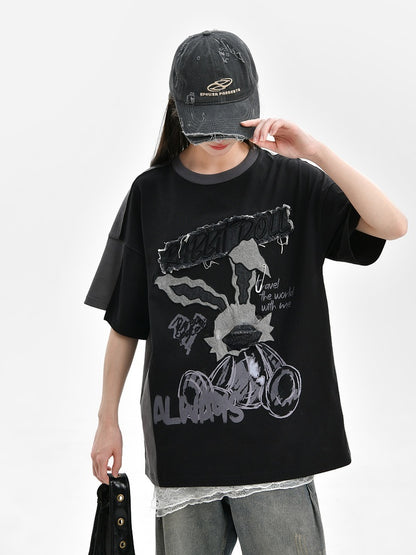 ビタースイートとTシャツのツーピース、フェイクブラックアップリケ、グレーのウサギ柄文字