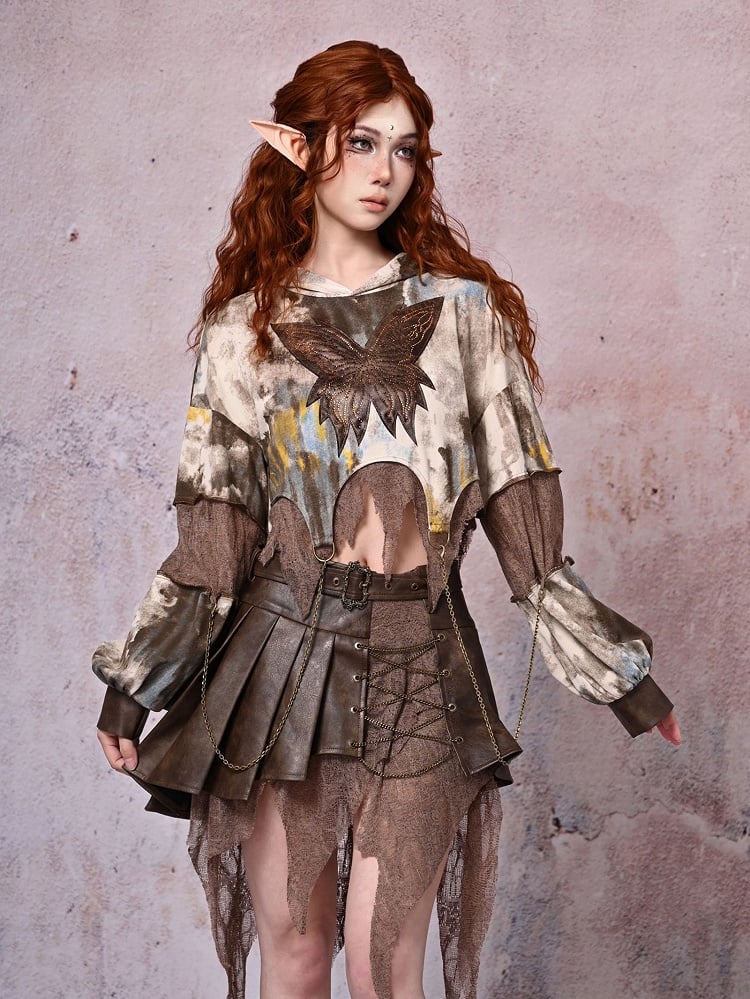 Light Punk Butterfly Brown Tie-dyed Chains with Wasteland Hoodie
