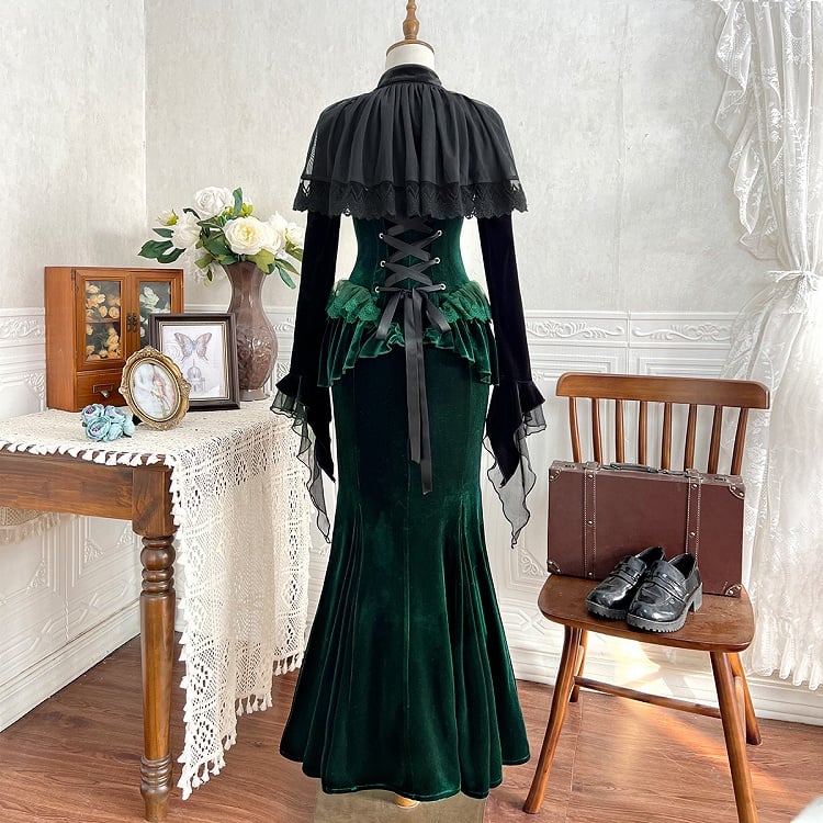 Schwarzes Lolita-Top mit Spitze und Gothic-Volant, kurze Ärmel