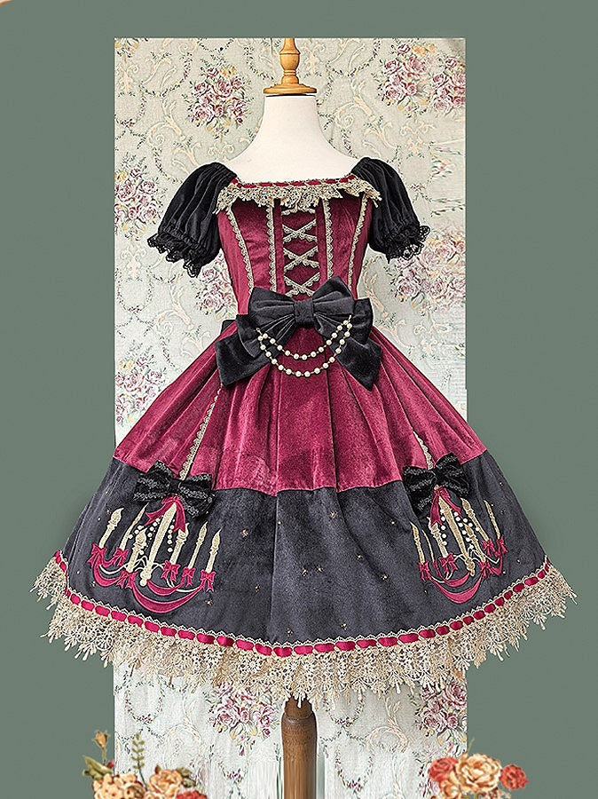 Polka Chandelier Lolita Red Suede Black Dot Sweet and Bows Dress Print with Wine